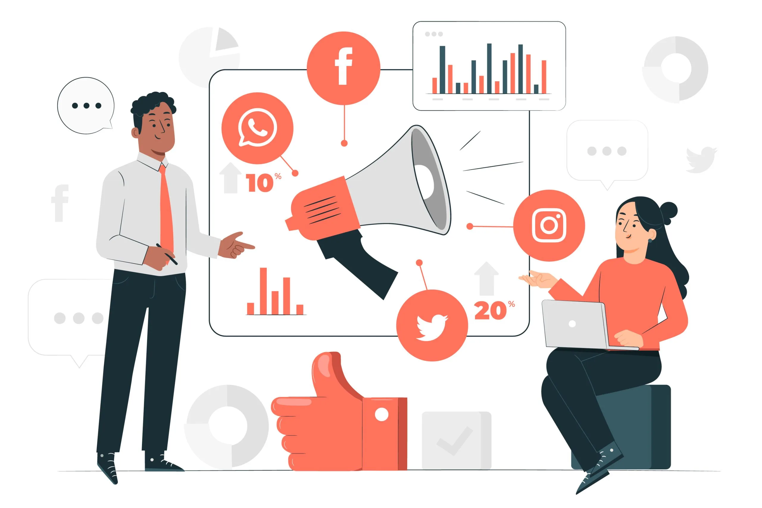 Imagen ilustrativa de hombre y mujer con iconos de redes sociales, megáfono y graficas.